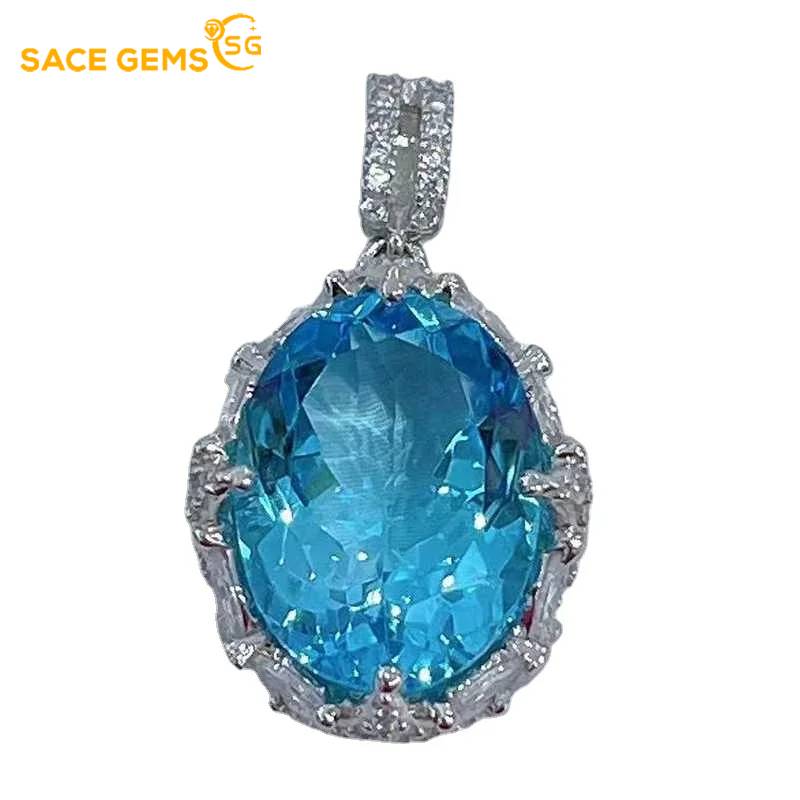 Sace Gems Natual Sky Blue Topaz Pendant 925 Sterling Silver Pendant Necklace for Women Everyday Party Fine Jewelry Gift