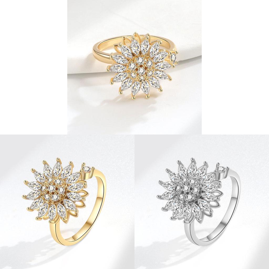 Geometric Rotating Ring For Women With Sunflower Design And Adjustable Copper Material