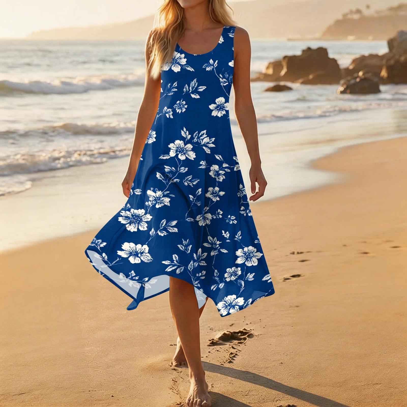Women Casual Sleeveless Floral Print Dress Mid-Length Round Neck Irregular Hemline Summer Dress S