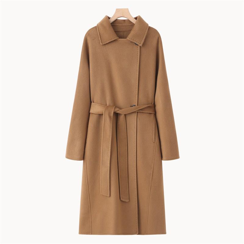 Womens Double-Sided Cashmere Wool Coat Mid-Length Belted Turn-Down Collar Loose Fit Winter 2026