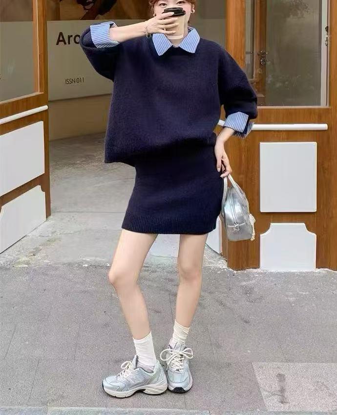 Women's Color Block Two-Piece Shirt Collar Sweater - Lazy Style Autumn Grey Knitwear Set