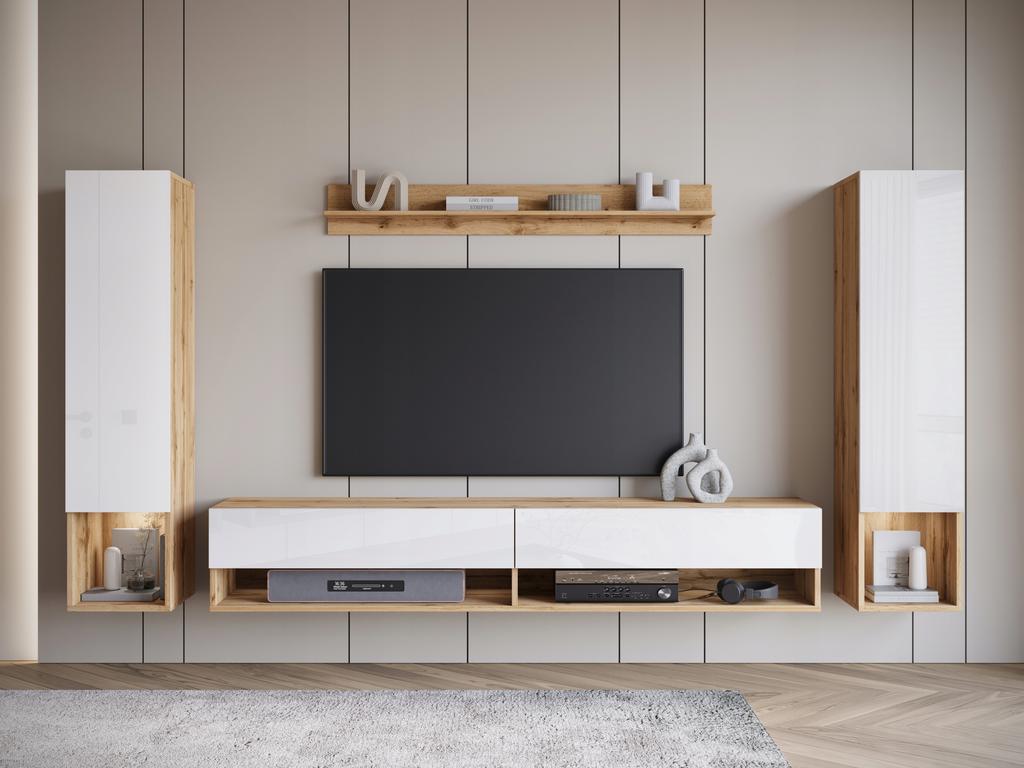 Living Room Hanging Set: Columns, TV Cabinet, Shelf, Wotan/glossy White with LED