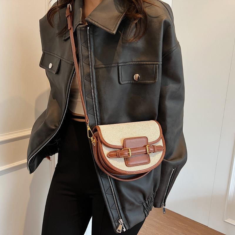 Semi-round Portable Retro Saddle Bag Women's Fashion Contrasting Color Niche Design Splicing Commuter Shoulder Messenger Bag