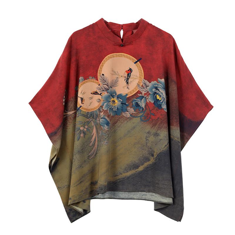 Loses Seidenoberteil in Übergröße für Damen, Sommerbluse und Hemd mit grünem Aufdruck im Vintage-Stil