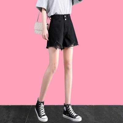 Skinny Çok Yönlü Denim Şort Kadın Yaz İnce Yüksek Belli Çift Düğmeli Yırtık Delikli İnce Çok Yönlü A Kesim Ultra Kısa Geniş Paça Pantolon