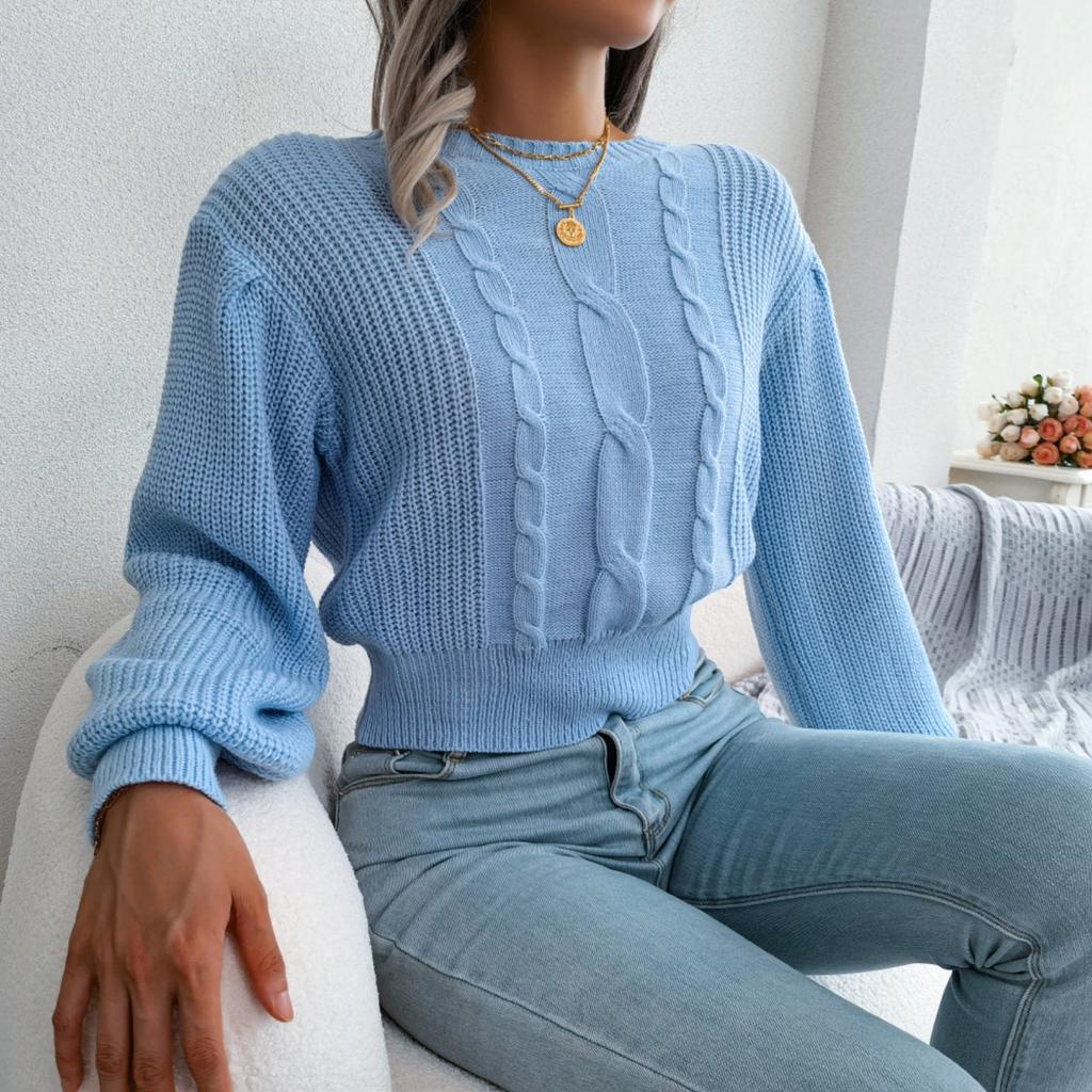 Women's Fashion Casual Knitted Sweater Top With Twisted Cable Pattern, Lanterned Sleeves, And Waist-Cinching Design For Fall And Winter