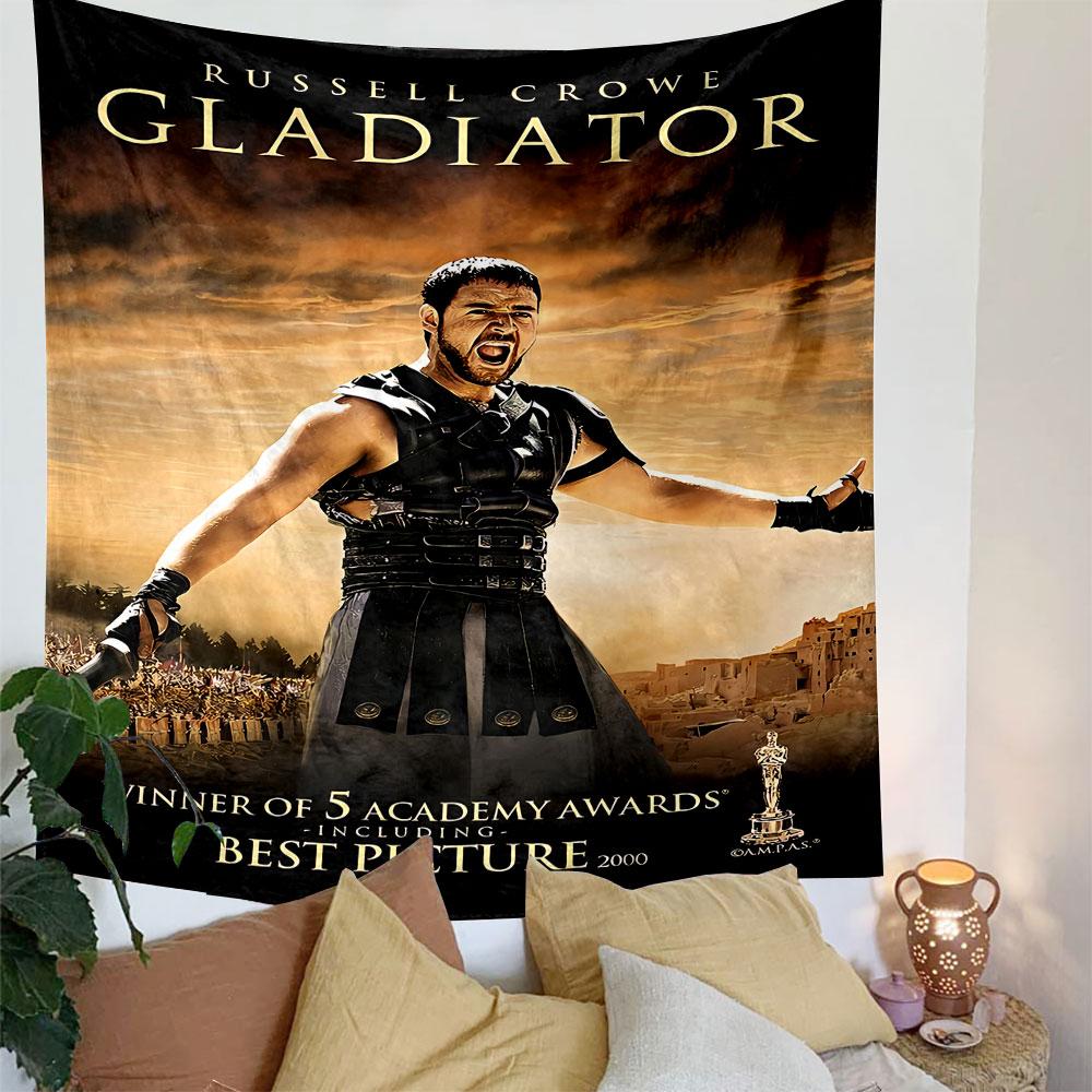 The Main Pattern Features a Warrior In Armor Roaring In a Desert Arena. Patterned Tapestry for Bedroom and Living Room Home Decor