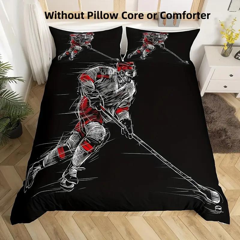 Hockey Player Duvet Cover Set Sports Theme Breathable Polyester Bedding Digital Print Machine Washable