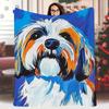 1 Stück Weiche einseitig bedruckte Havaneser Hund Kunstdecke, 60x80 Zoll - Lebendiges abstraktes Design in Blau, Orange & Weiß, Perfekt