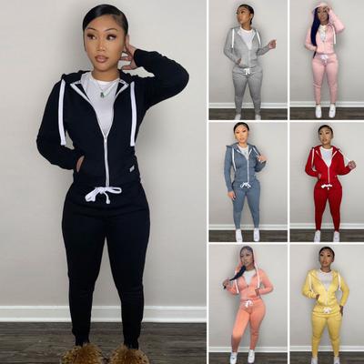 2 Teile/satz Lange Ärmel Taschen Zipper Knopfleiste Elastische Taille Fleece Futter Frauen Trainingsanzug Herbst Winter Einfarbig Mit Kapuze