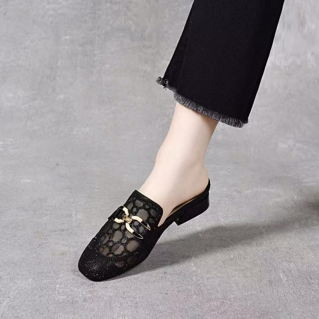 Baotou sandaler dam ytterkläder sommar nya mesh hot diamond andningsbara lata tofflor platt sula låg klack damhalvtofflor