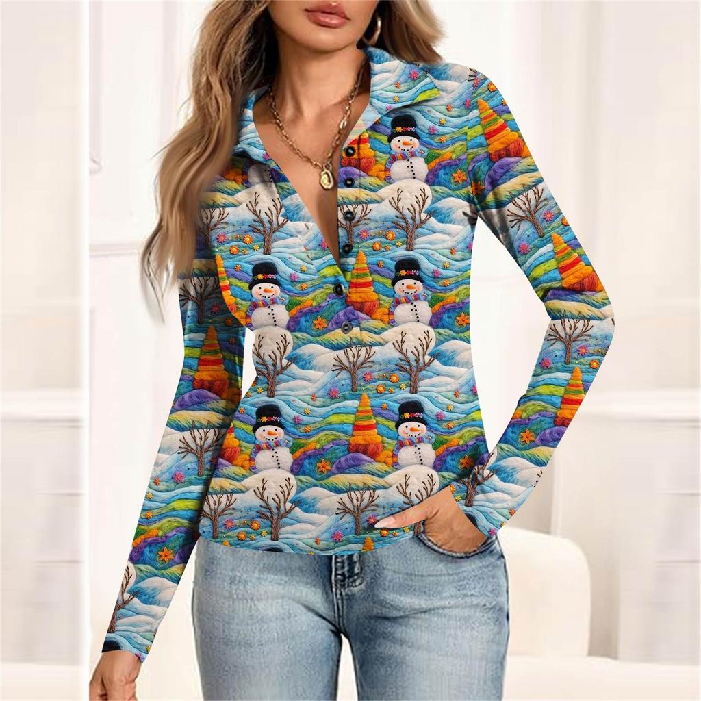 Damenmode Lässig Bedrucktes V-Ausschnitt Langarm Knopfleiste Oberteil