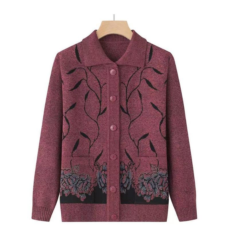 Middle-aged Elderly Cardigan Knitted Coat Grandma Old Lady Autumn Winter  Pocket Mother Sweater Lapel