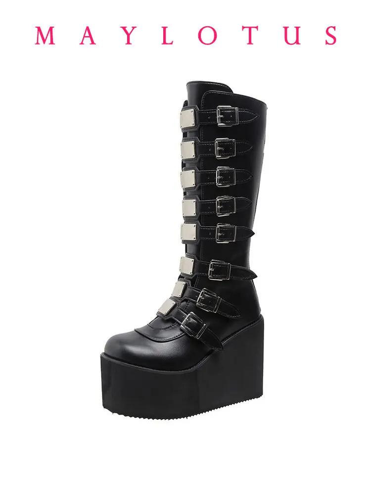 Mode Luxusschuhe Neue Punk-Stiefel High Heel Plateau Keilabsatz Damen Hohe Stiefel Gothic Schnallenriemen Langer Schaft Leder Damenstiefel