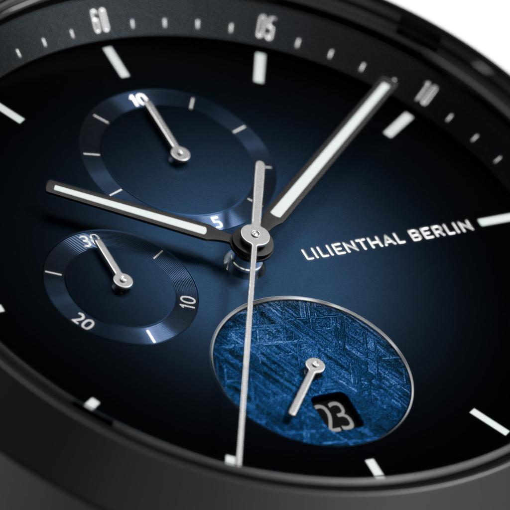 Lilianthal Berlin Chronograph Made in Black Men's Watch, Date, Meteorite, Germany, C01-024-B040C,