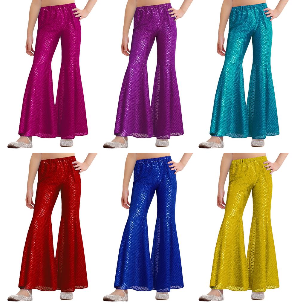 Girls Hip Hop Jazz Dance Costume Shiny Sequins Flared Pants Elastic Waistband Bell Bottom Trousers