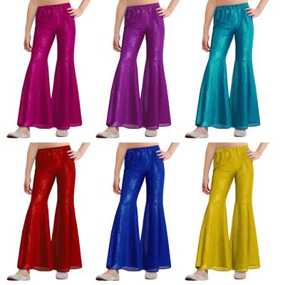 Girls Hip Hop Jazz Dance Costume Shiny Sequins Flared Pants Elastic Waistband Bell Bottom Trousers