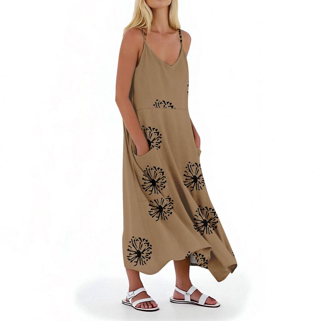 Women's Casual V Neck Dot Print Sleeveless Pocket Suspender Dress