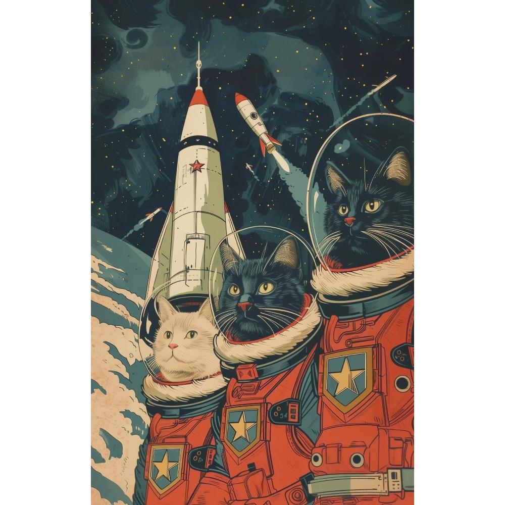 Vintage Space Astronaut Cats Poster Surrealism Vaporwave Retro Futuristic Funny Animal Canvas Painting Wall Art Room Home Decor 21X30CMNo Framed