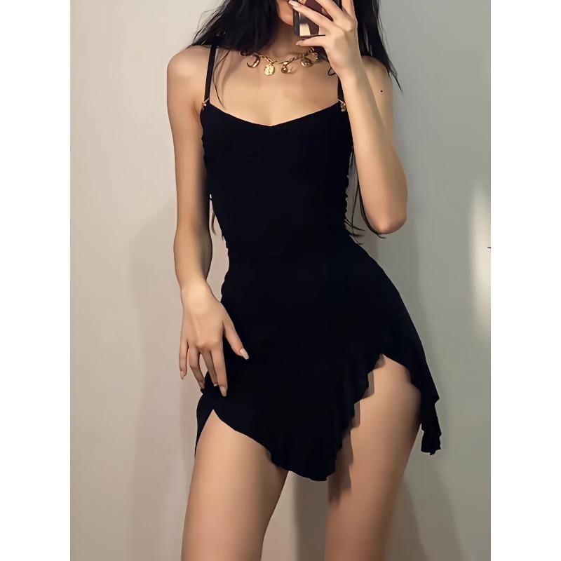 Summer Women Spaghetti Strap Ruffle Bodycon Mini Dress Casual Sleeveless S чёрный