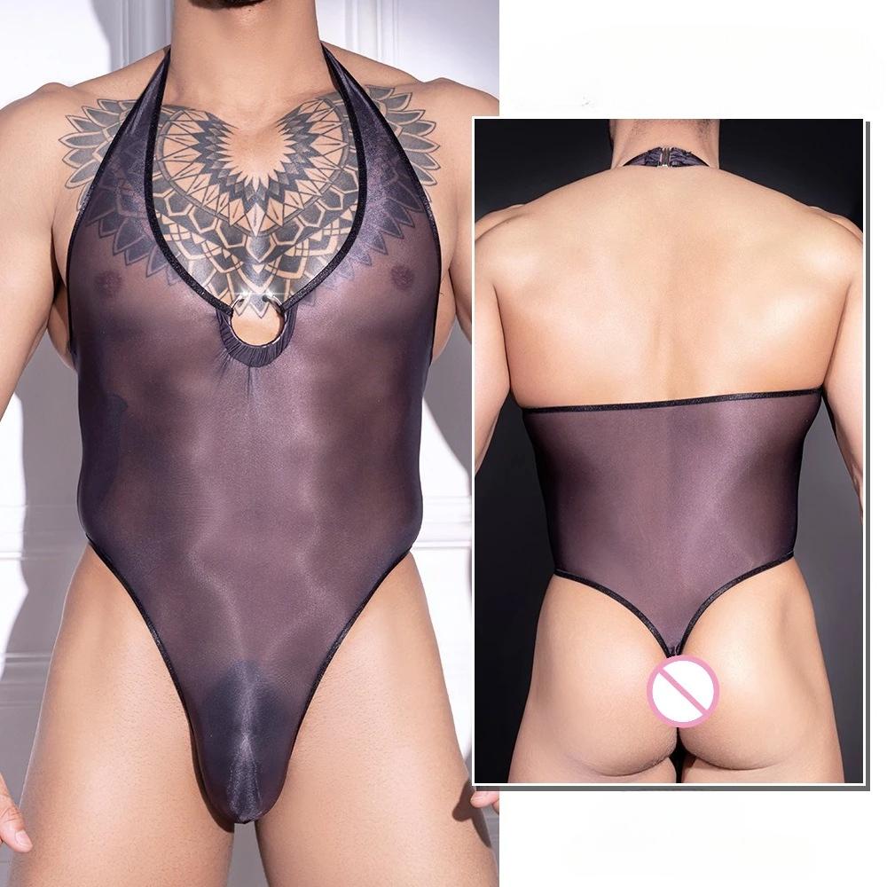 Herren Sexuelle Unterwäsche Rückenfreier Body Freiliegender Po Leotard Öl Glänzend Durchsichtig Tanga Jumpsuit Abnehmbar Erotischer Catsuit