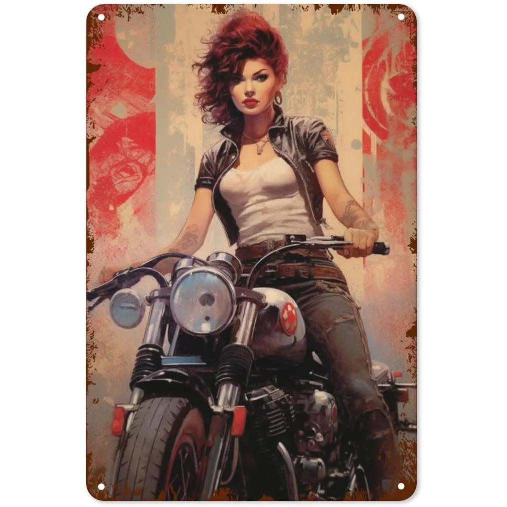 Metal Tin Signs Pinup Motorcycle Girl Wall Decoration Plaque Vintage Poster Iron Painting for Man Cave Home Cafe Garden Club Bar