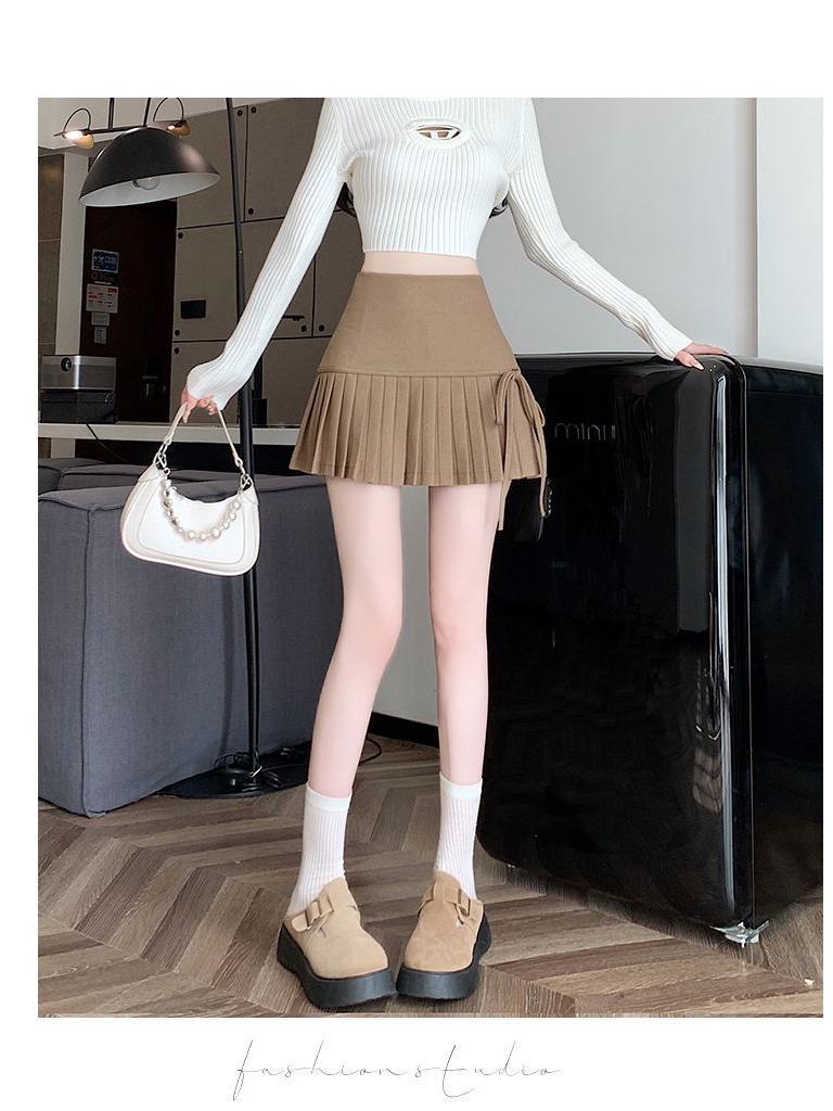 Women's College Style Black Lace-Up Pleated A-Line Skirt - High-Waisted, Slim Fit, Petite, Spring/Summer 2025