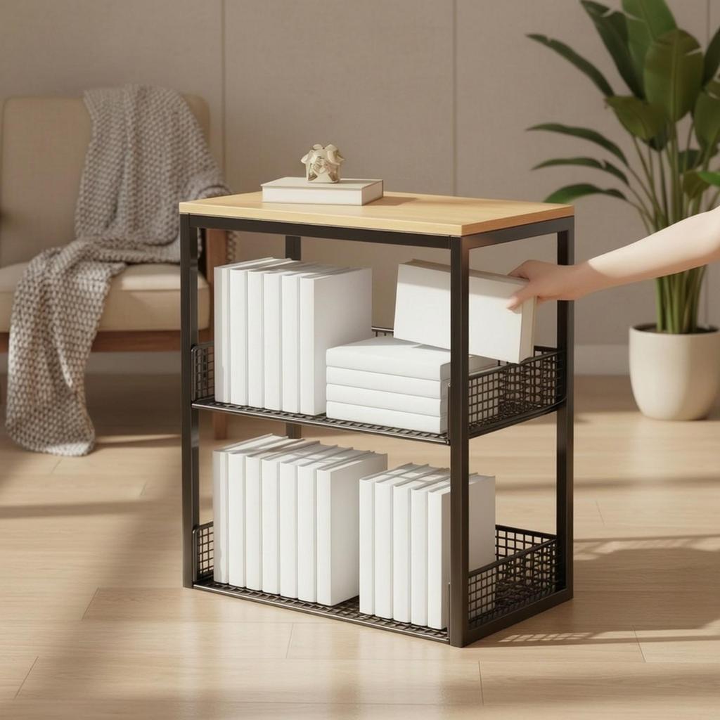 Open WireMesh Storage Rack with Raised Sides Versatile Metal Frame WoodWoodenLook