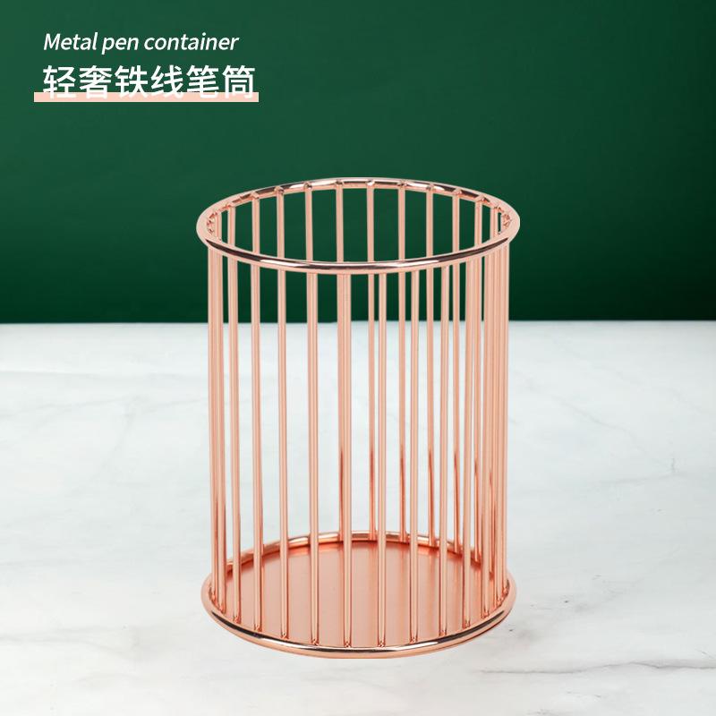 Multifunctional round pen holder rose gold wrought iron pen holder office stationery makeup brush storage holder ins wind