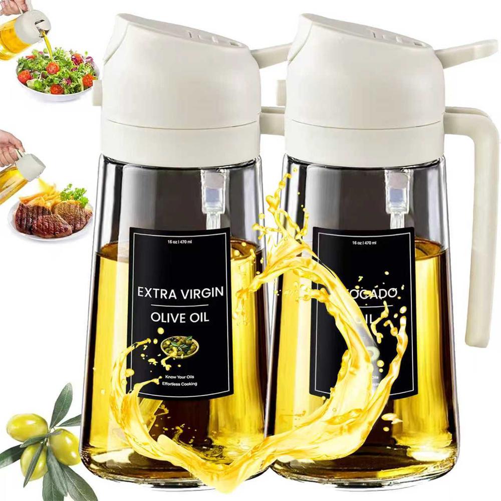 Oil Sprayer for Cooking,2in1 Olive Oil Dispenser Bottle for Kitchen with Stickers,16oz/470ml Premium Glass,Food-grade Oil Mister