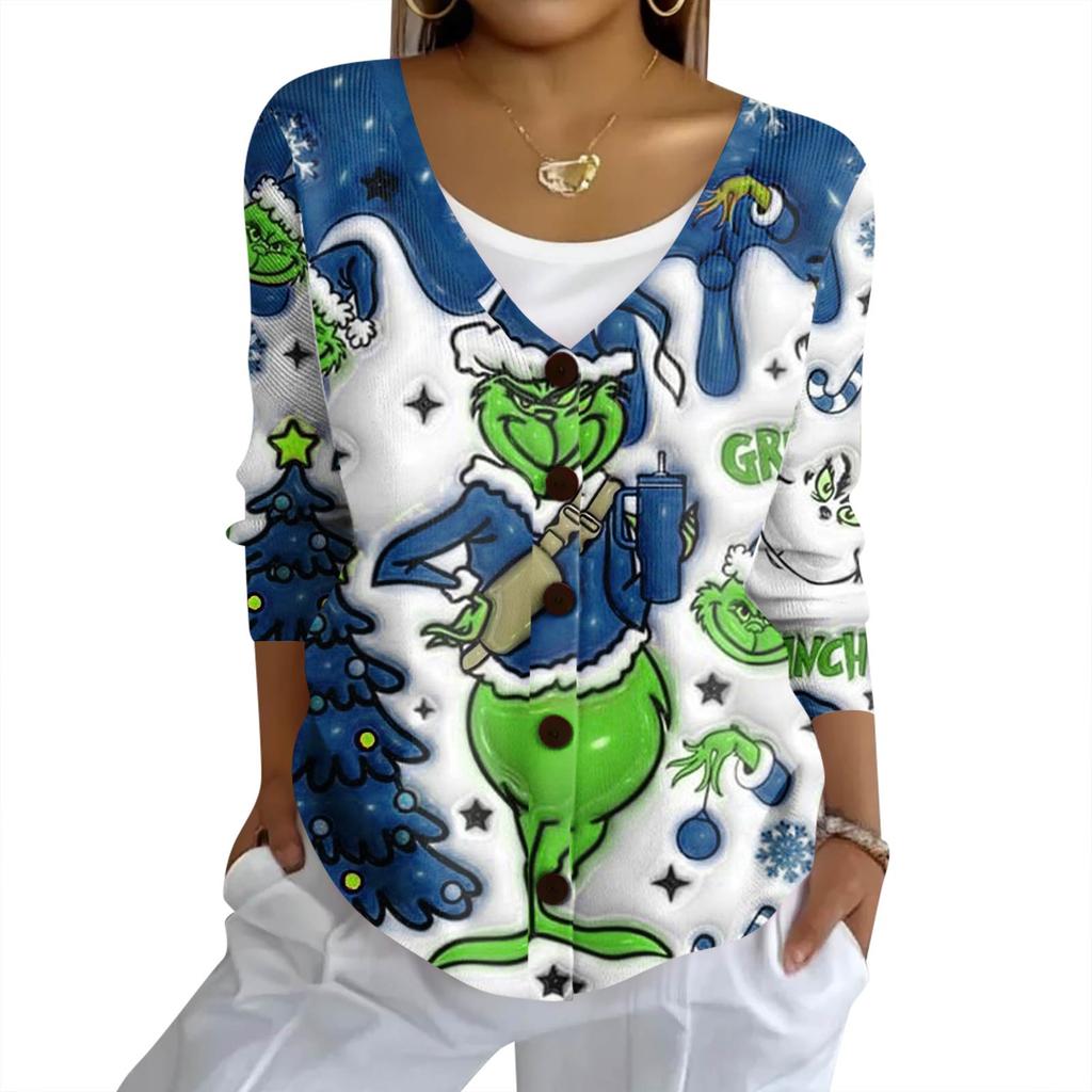 Women's Fashion Casual Knit Sweater Button-Up Christmas Print Cardigan Jacket