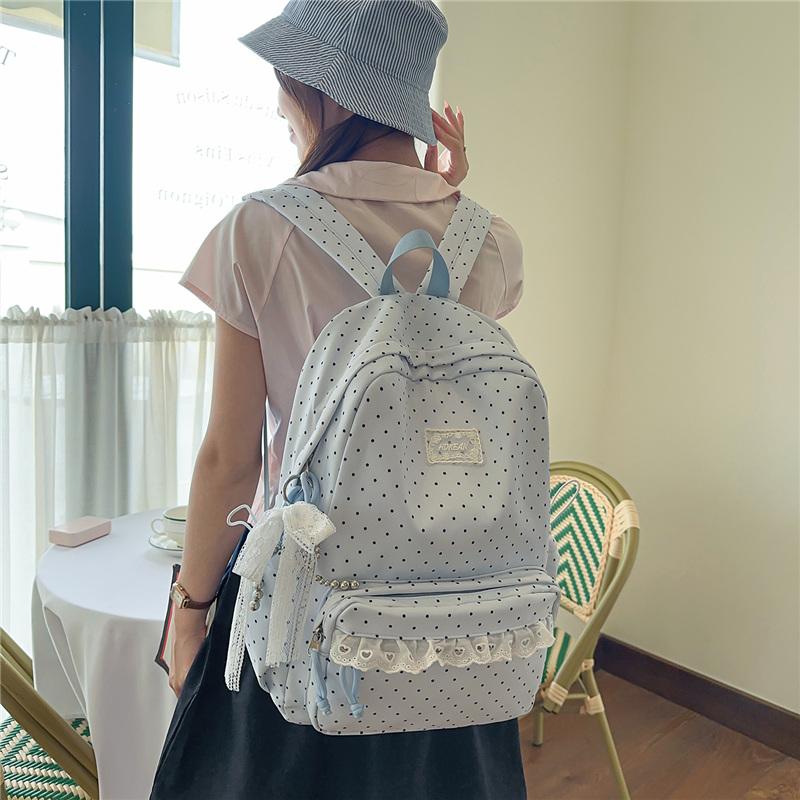 Cute Polka Dot Backpack with Lace Trim, Stylish School Bag for Women and Teens, Lightweight and Spacious Design