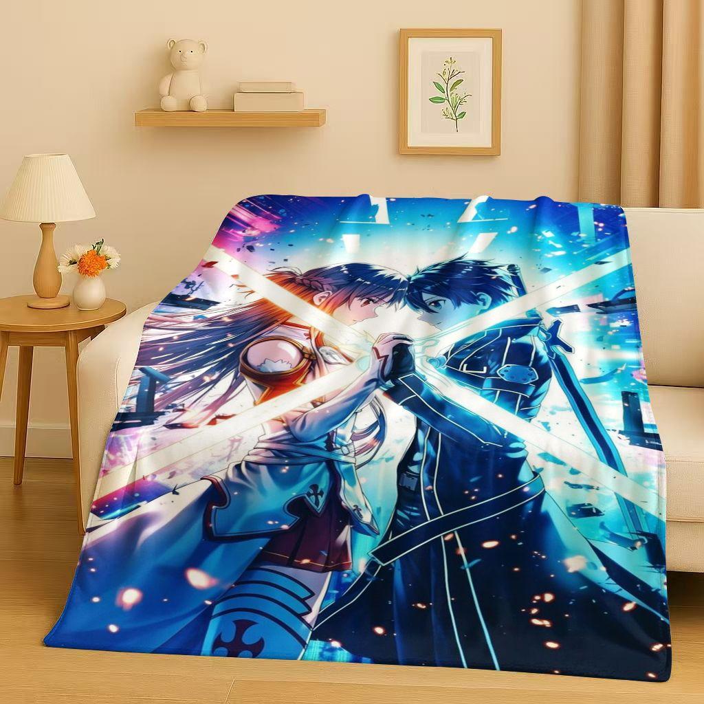 

New Sword Art Online SAO Cartoon Kirito Yuuki Asuna Flannel Blanket,Ultra Soft Warm Plush Throw for Home Bedroom Bed Sofa Kids 75x90cm