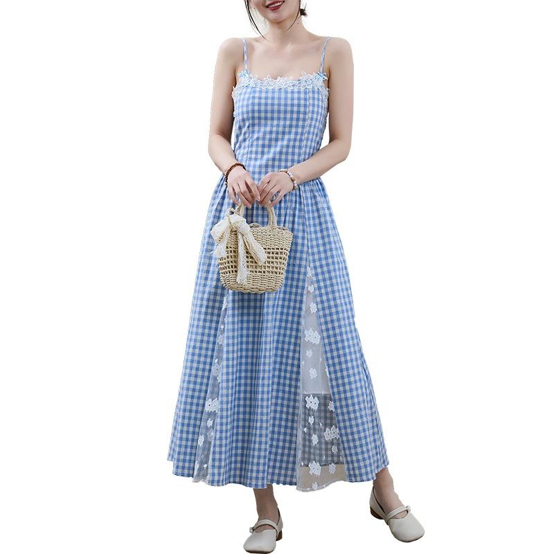 Gentle wind blue plaid suspender dress women's summer new waist thin lace long skirt