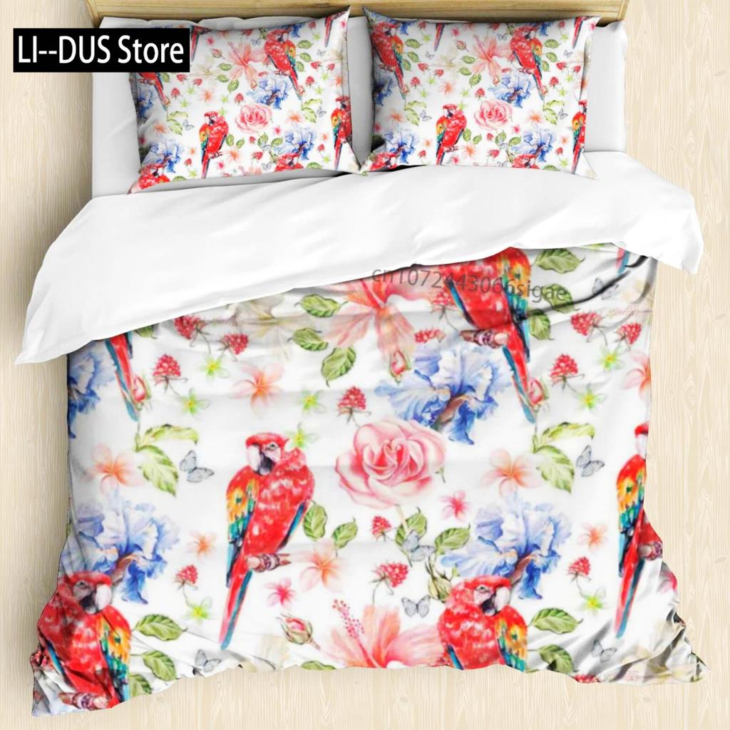 Tropical Comforter Queen Full Size,Parrot Comforter Set,Green Leaves 3pcs Print Duvet Bedding Set 1 Comforter with 2 Pillowcases