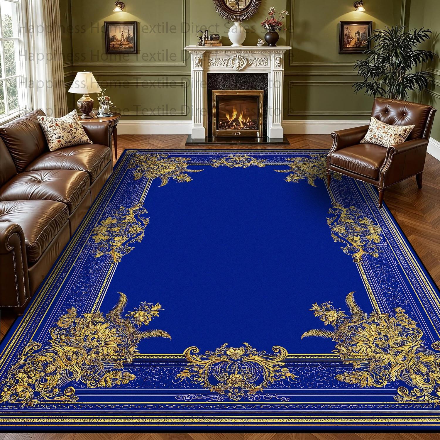 

Persian Retro Large Living Room Sofa Carpet Blue-gold Washable Antiskid Decoration Bedroom Rug Soft Luxury Large Area Study Mat 40cm x 60cm