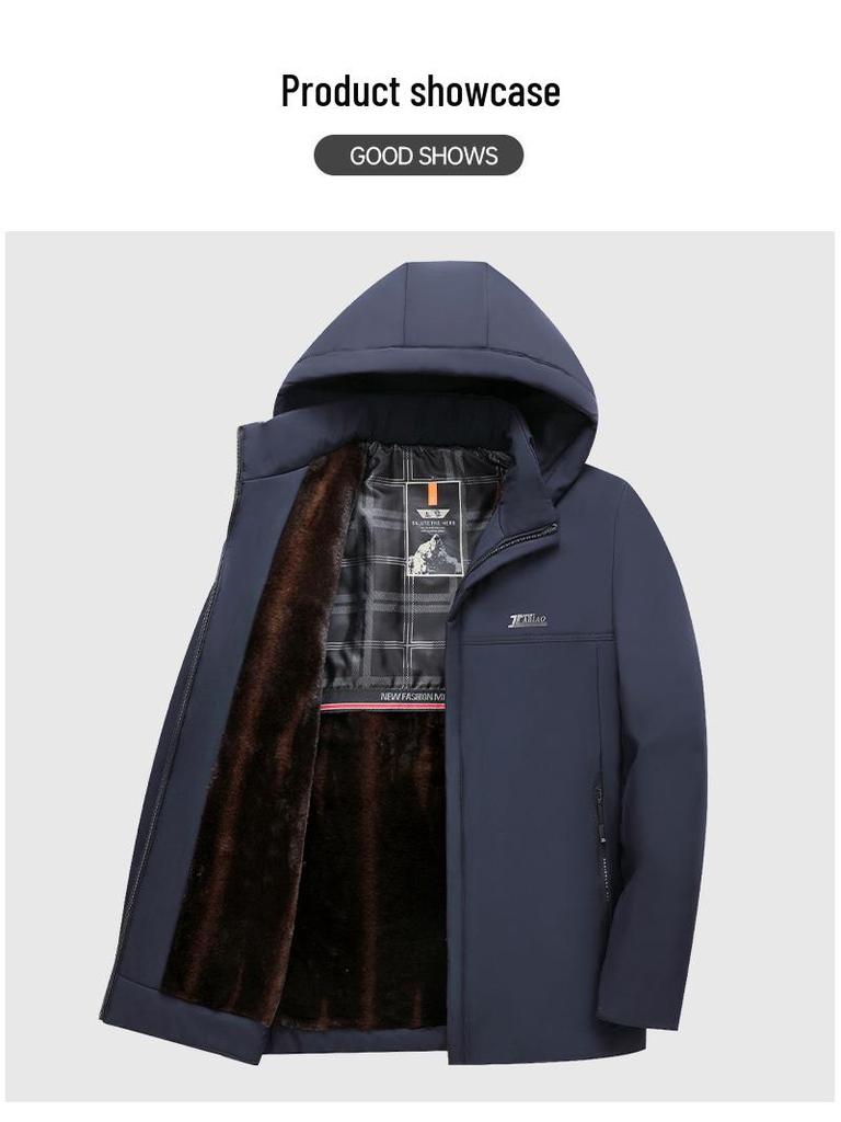 Men's Winter Cotton Jacket with Detachable Hood, Cold-proof and Warm Outerwear for Middle-aged and Elderly, Plus Velvet Lining.