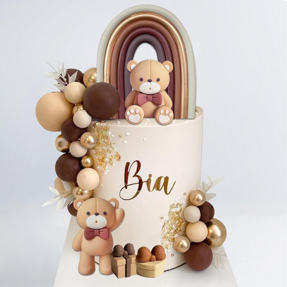 33pcs Bear Cake Topper Boho Rainbow Cake Decorations with Beige Brown Bears Pearl Balls Rainbow Cake Pick for Gender Reveal Wedding Birthday Party