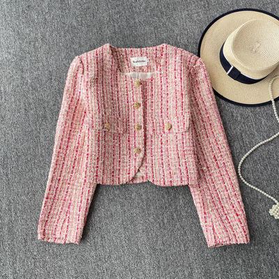 Autumn Winter Women Elegant Little Fragrant Wind Full Sleeve Single Breasted Plaid Tweed Short Jacket Coat