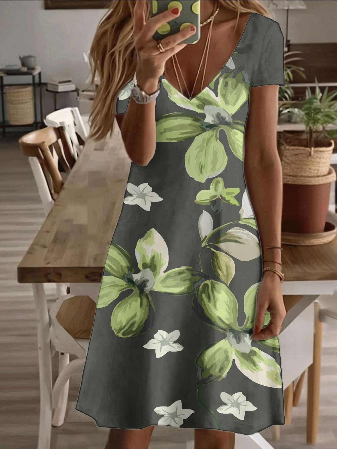 

Vneck shortsleeve midi dress with green orchid floral print 3D premium printing durable fabric casual and stylish summer wear for women elegant va XS дубильная кора
