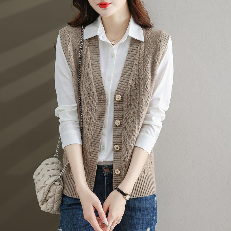 Dámská elegantní polyesterová pletená vesta | Svetrová vesta s copánkovým vzorem a výstřihem do V | Jednobarevné pletené oblečení bez rukávů | Módní top pro vrstvení na podzim/zimu