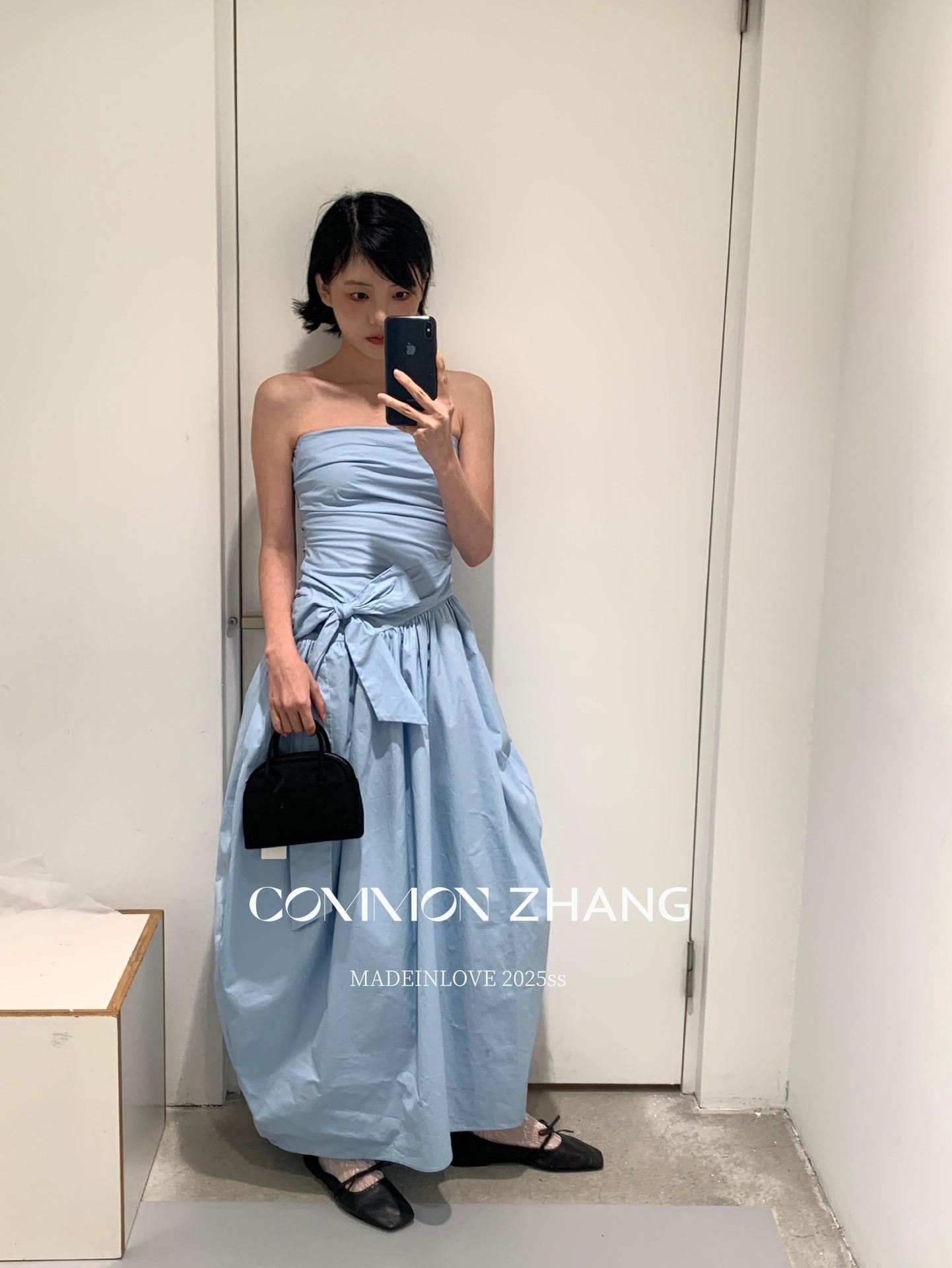 

EEE Spring Fashion Korean A-line Strapless Lace-up Bow Dress B16292 Small синий