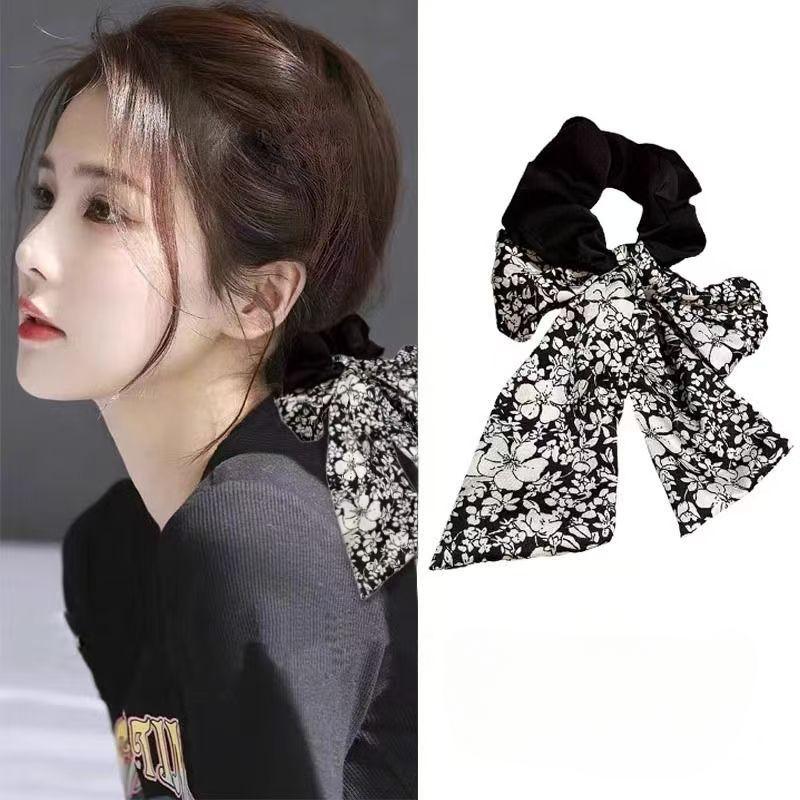 Simple Black and White Floral Headwear Bow  Low Ponytail Hair Accessory  Ribbon  Large Intestine Hair Band
