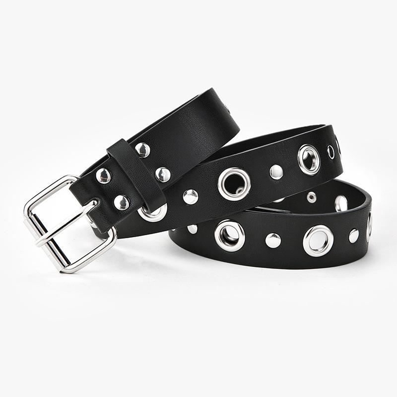 Womens Faux Fashionable Leather Punk Belt With Unique Eyelet Buckle And Riveted Accents