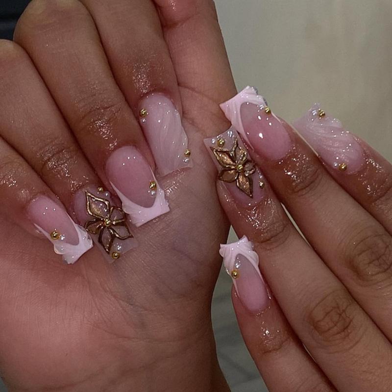 24Pcs Sweet Medium Square False Nails with Glue Blush Pink Flowers Fake Nails Full Cover French Acrylic Press On Nails for Girls