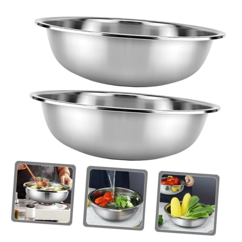 SEWOART 2-Piece Stainless Steel Wash Basin, Large Capacity, Flat Bottom, Washing Bowl for Vegetables, Rice, Fruits, Home Kitchen Accessories, Stackabl