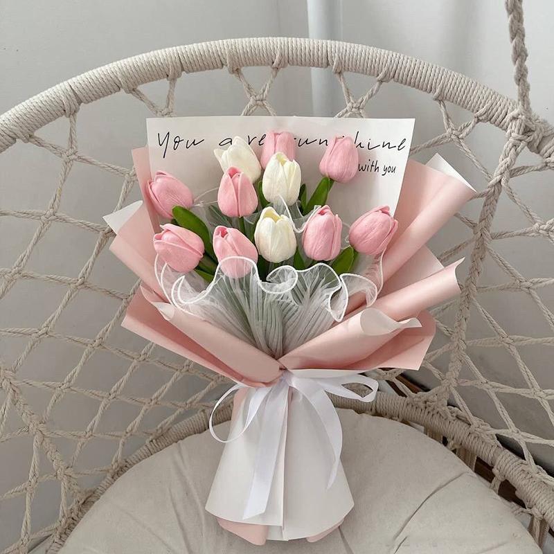 10 Heads Luxury Artificial Tulips Flowers White Real Touch Bouquet Foam Fake Flower Wedding Home Living Room Christmas Decoratio