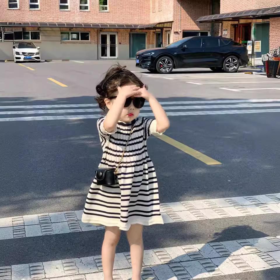 

Girls Nordic Style Lace Striped Summer Dress - New Short Sleeve Knitted Design 110 cm