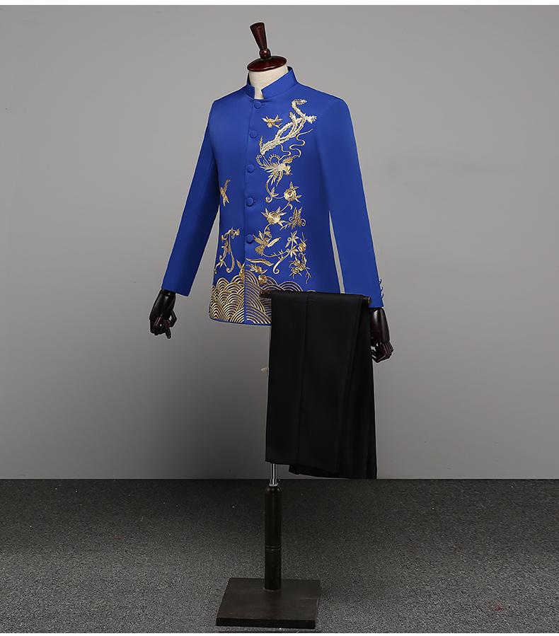 Men's Blue & White Porcelain Zhongshan Suit with Stand-up Collar & Embroidery for Performances