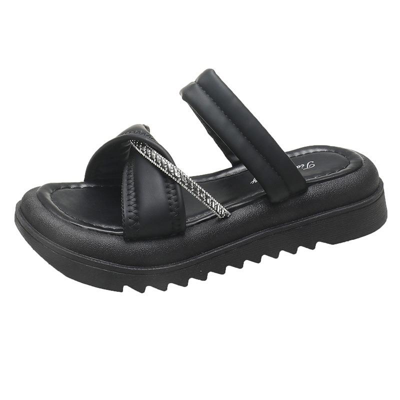 

Стразовые тапочки женские летние новые с открытым носком на один палец пляжные туфли модные на толстой подошве-маффин крутые тапочки женские 40 чёрный